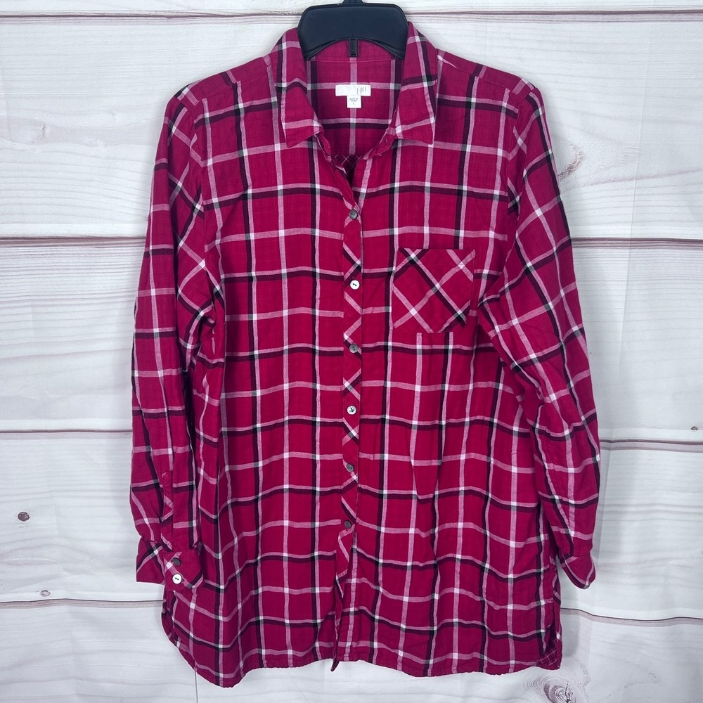 J Jill Top Womens L Red Plaid Shirt Button Up Tunic Long Sleeve Pockets Collared